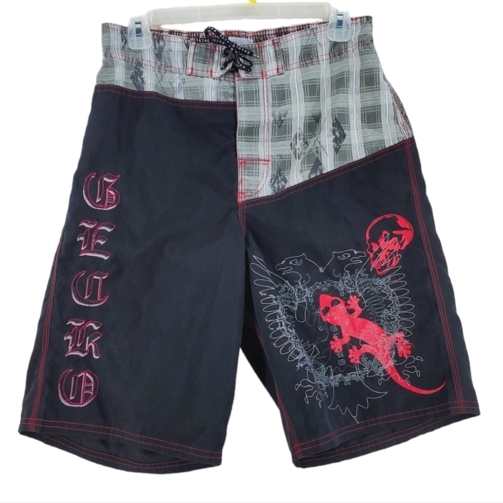 Gecko Hawaii Trunks Shorts Mixed Media Skull 2-Headed Phoenix Men M 28x10.5 Vtg
